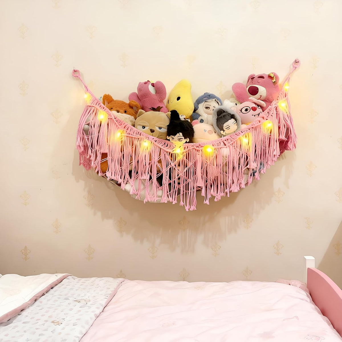 Stuffed Animal Hammock or Net With LED Lights Extra Large Wall Hanging Stuffed Animal Storage Nets for Teddy Bear Handmade Macrame Hanging Toy Net Hammock for Stuffed Animal Storage (Beige)