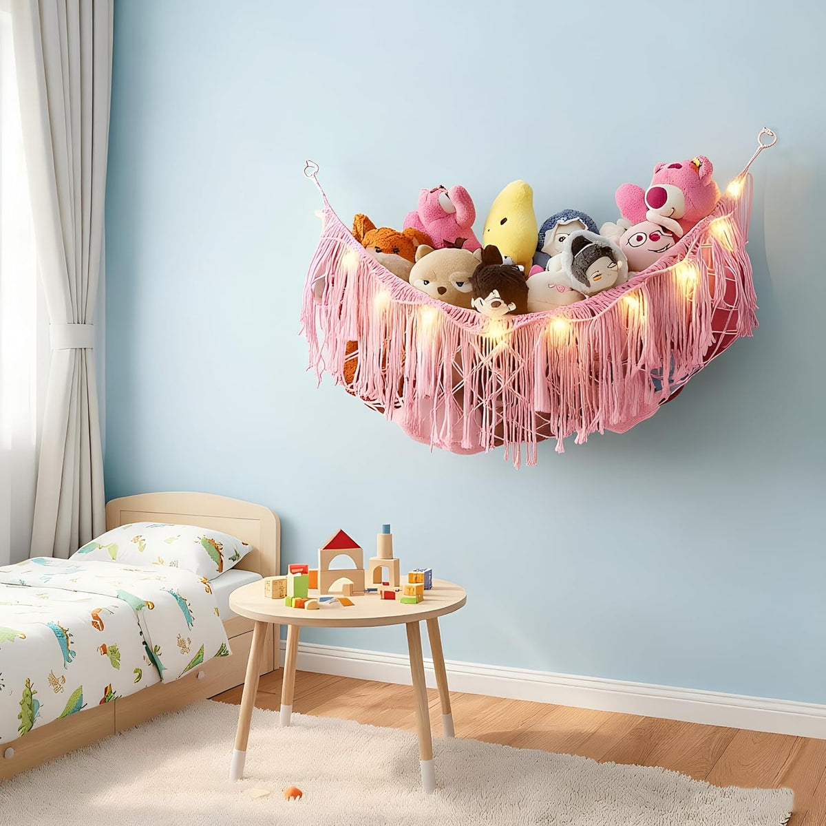 Stuffed Animal Hammock or Net With LED Lights Extra Large Wall Hanging Stuffed Animal Storage Nets for Teddy Bear Handmade Macrame Hanging Toy Net Hammock for Stuffed Animal Storage (Beige)