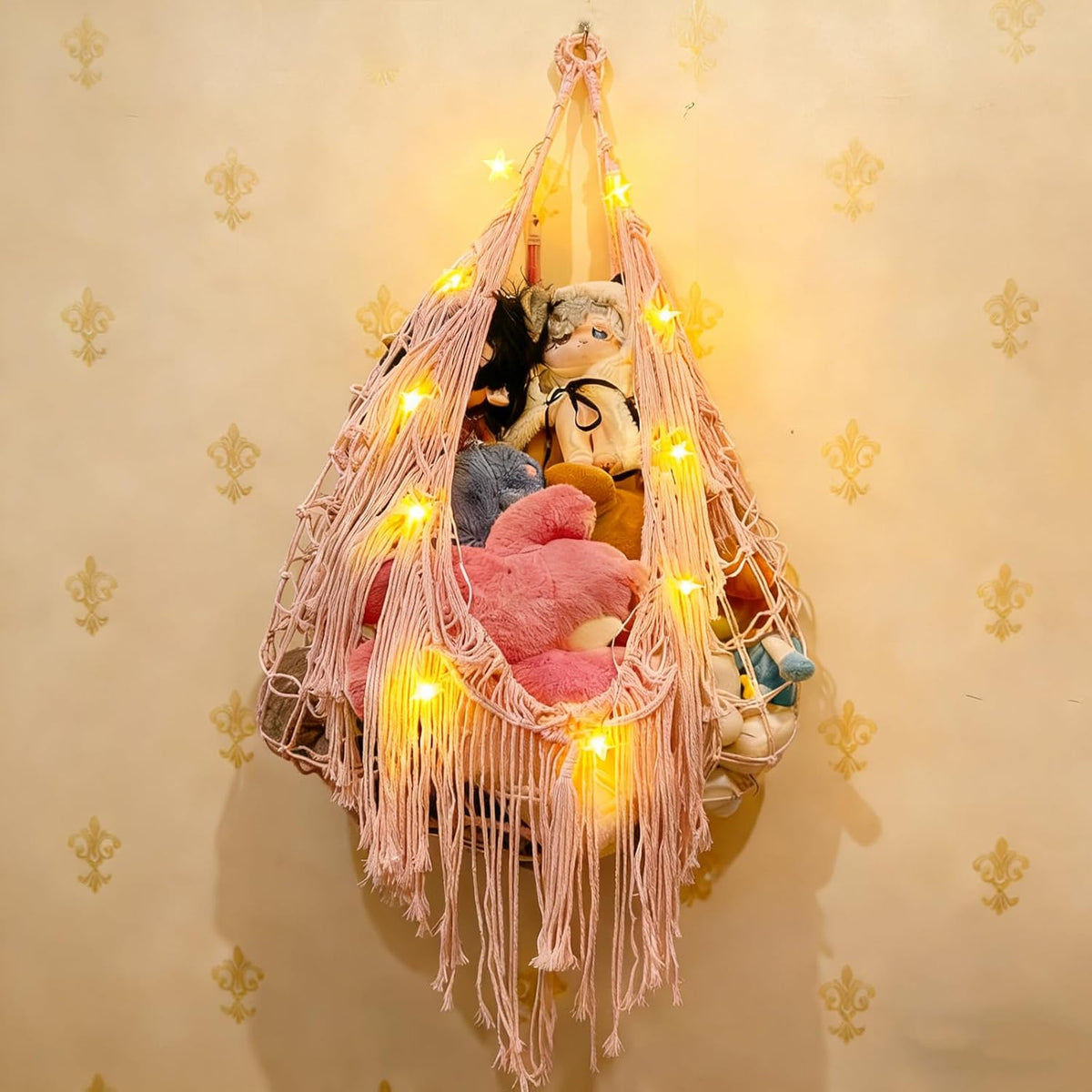 Stuffed Animal Hammock or Net With LED Lights Extra Large Wall Hanging Stuffed Animal Storage Nets for Teddy Bear Handmade Macrame Hanging Toy Net Hammock for Stuffed Animal Storage (Beige)