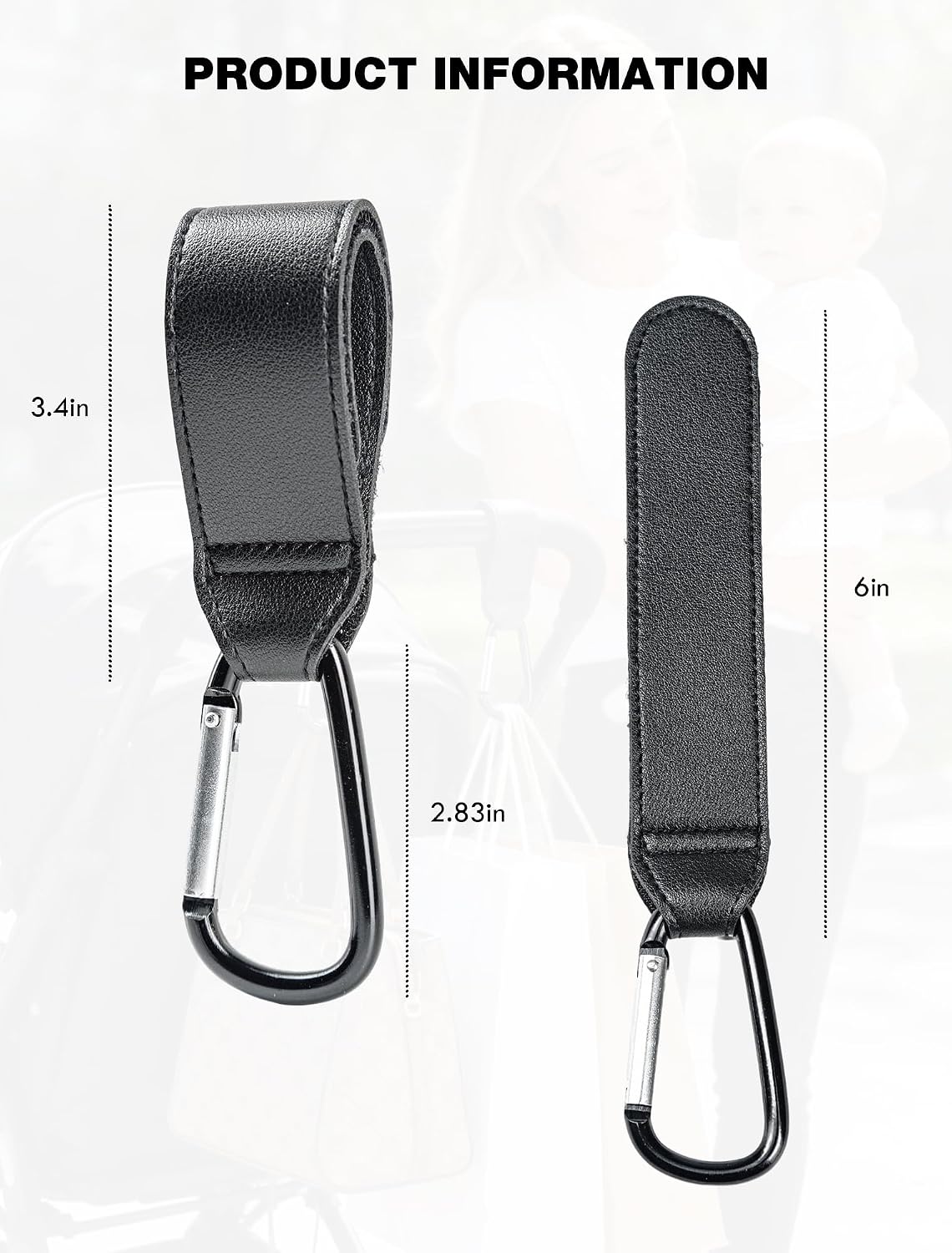 2 Pcs Stroller Hooks,Non-Slip Aluminum Carabiner Clips with Ajustable Nylon Straps, Universal Fit for Diaper Bags, Groceries & More, Durable Stroller Accessories