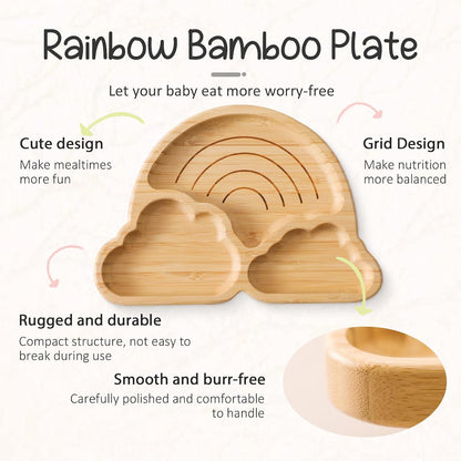 Bamboo Suction Plates Bowls Set for Baby Toddler Divided Platter Food bowl with Silicone Fork & Spoon All-Natural Baby Feeding Set for Baby-Led Weaning, Non-Slip Design