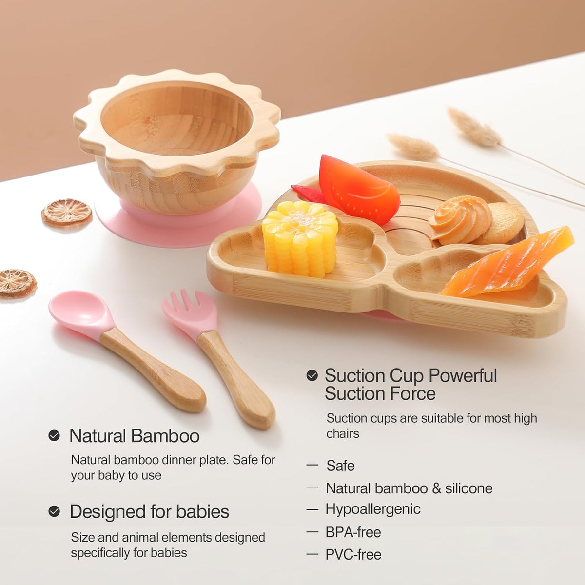 Bamboo Suction Plates Bowls Set for Baby Toddler Divided Platter Food bowl with Silicone Fork & Spoon All-Natural Baby Feeding Set for Baby-Led Weaning, Non-Slip Design
