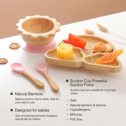 Bamboo Suction Plates Bowls Set for Baby Toddler Divided Platter Food bowl with Silicone Fork & Spoon All-Natural Baby Feeding Set for Baby-Led Weaning, Non-Slip Design