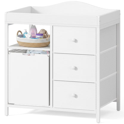 White Changing Table with 3 Fabric Drawers and Laundry Hamper, Baby Dresser with Changing Table Top, Nursery Diaper Changing Station with Storage Modern
