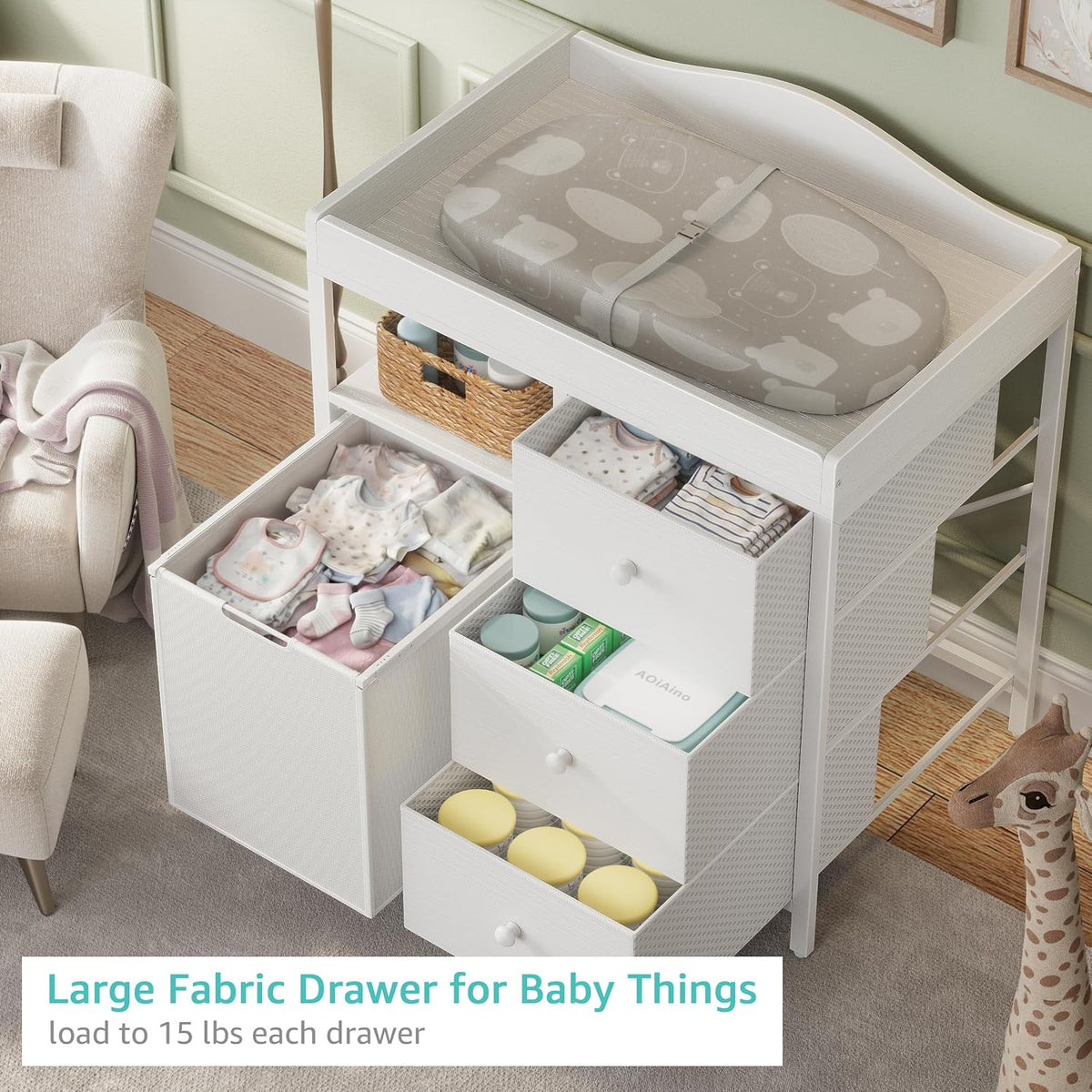 White Changing Table with 3 Fabric Drawers and Laundry Hamper, Baby Dresser with Changing Table Top, Nursery Diaper Changing Station with Storage Modern