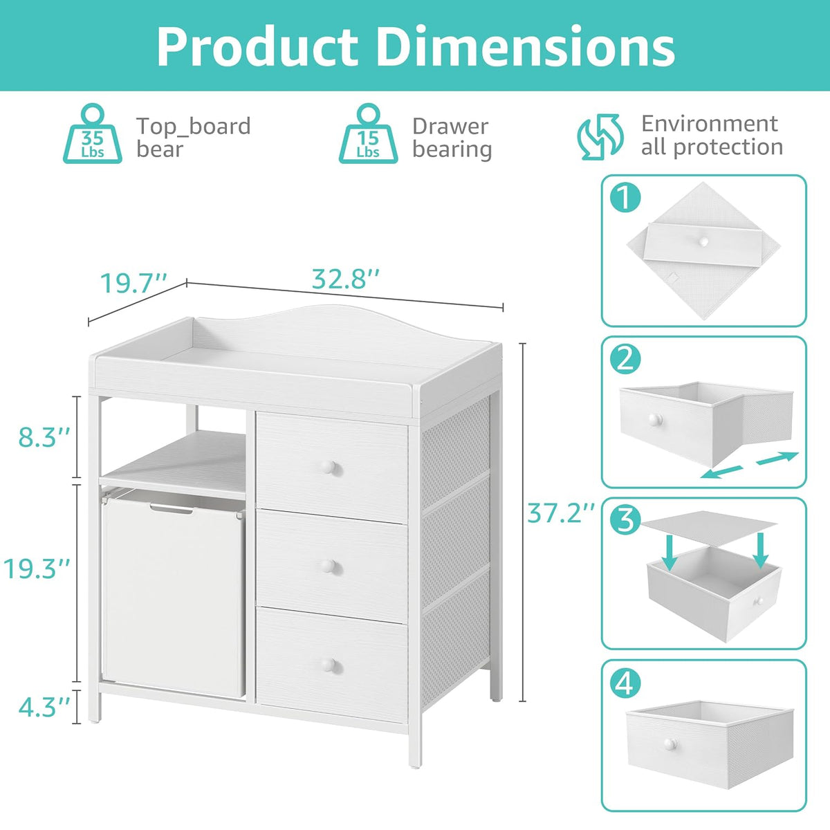 White Changing Table with 3 Fabric Drawers and Laundry Hamper, Baby Dresser with Changing Table Top, Nursery Diaper Changing Station with Storage Modern