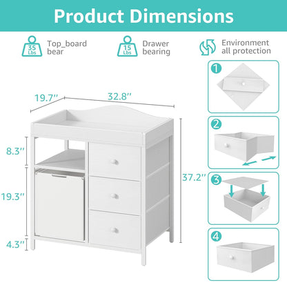 White Changing Table with 3 Fabric Drawers and Laundry Hamper, Baby Dresser with Changing Table Top, Nursery Diaper Changing Station with Storage Modern