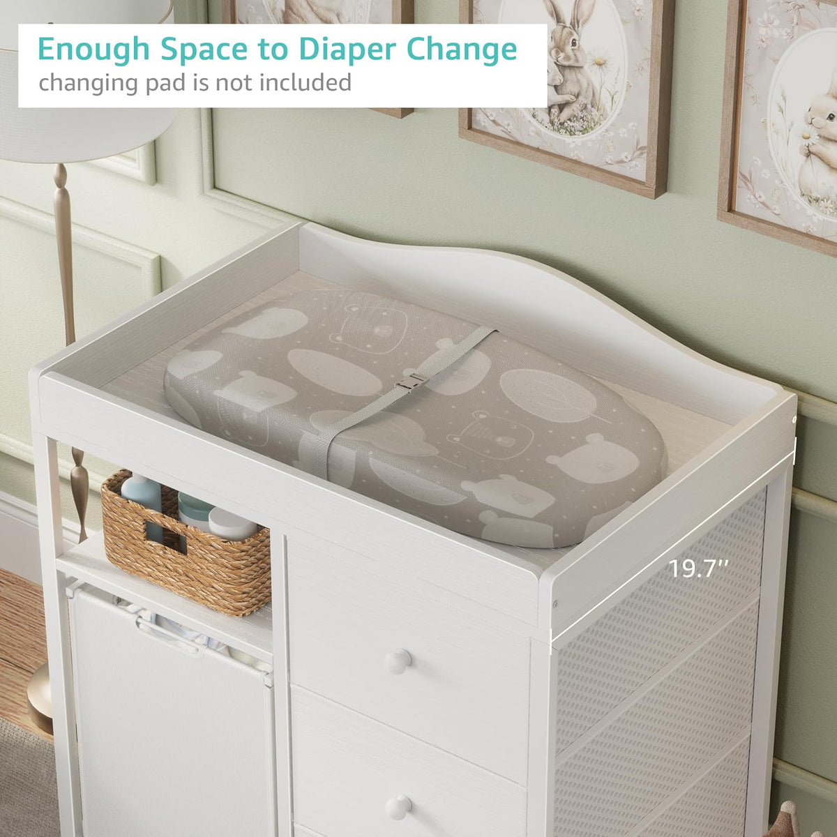 White Changing Table with 3 Fabric Drawers and Laundry Hamper, Baby Dresser with Changing Table Top, Nursery Diaper Changing Station with Storage Modern