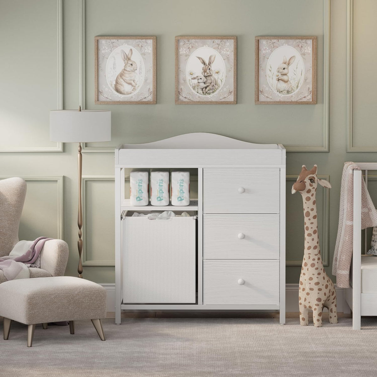 White Changing Table with 3 Fabric Drawers and Laundry Hamper, Baby Dresser with Changing Table Top, Nursery Diaper Changing Station with Storage Modern
