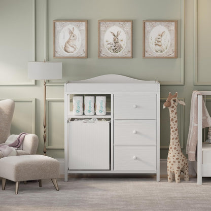 White Changing Table with 3 Fabric Drawers and Laundry Hamper, Baby Dresser with Changing Table Top, Nursery Diaper Changing Station with Storage Modern