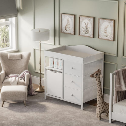 White Changing Table with 3 Fabric Drawers and Laundry Hamper, Baby Dresser with Changing Table Top, Nursery Diaper Changing Station with Storage Modern