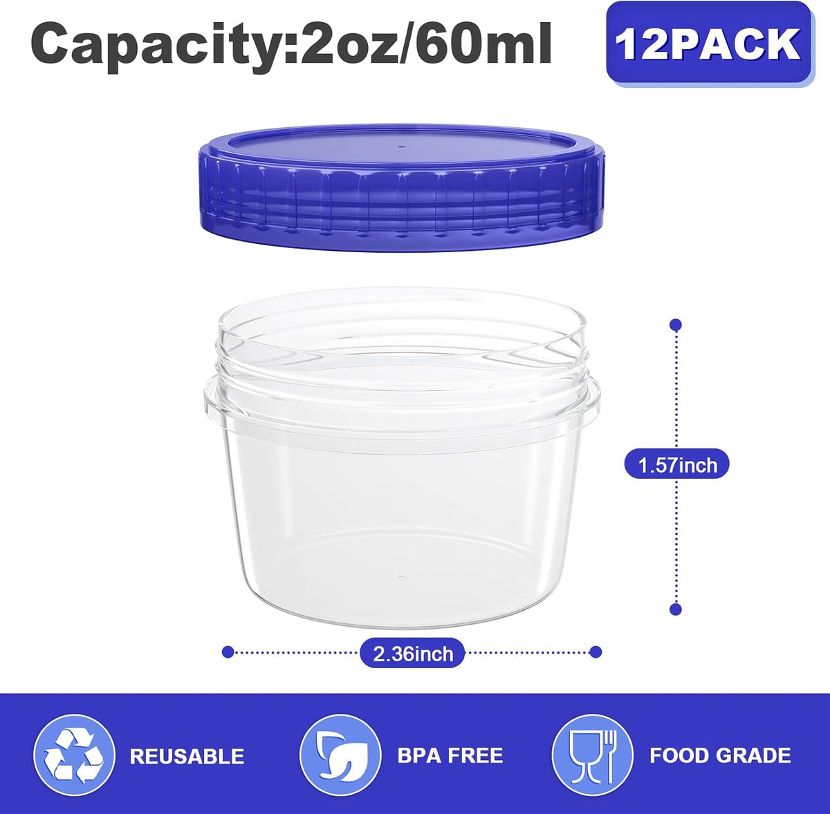 Salad Dressing Container to Go Reusable - 2 Oz Plastic Sauce Container With Leak-Proof Twist Lids(12 Pcs)