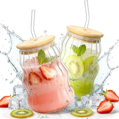 4 Packs Cute Glass Tumbler with Lid and Straw 16 oz Vintage Ice Coffee Cup Set Bulk Simple Modern for Smoothie Juice Matcha Tea Water Slushie Clear Hot Drink Glasses Travel Mug Kitchen Glassware