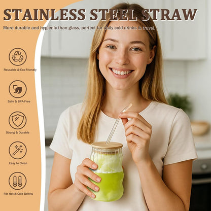 4 Packs Cute Glass Tumbler with Lid and Straw 16 oz Vintage Ice Coffee Cup Set Bulk Simple Modern for Smoothie Juice Matcha Tea Water Slushie Clear Hot Drink Glasses Travel Mug Kitchen Glassware