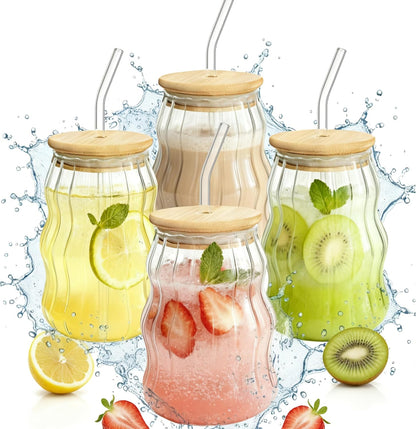 4 Packs Cute Glass Tumbler with Lid and Straw 16 oz Vintage Ice Coffee Cup Set Bulk Simple Modern for Smoothie Juice Matcha Tea Water Slushie Clear Hot Drink Glasses Travel Mug Kitchen Glassware