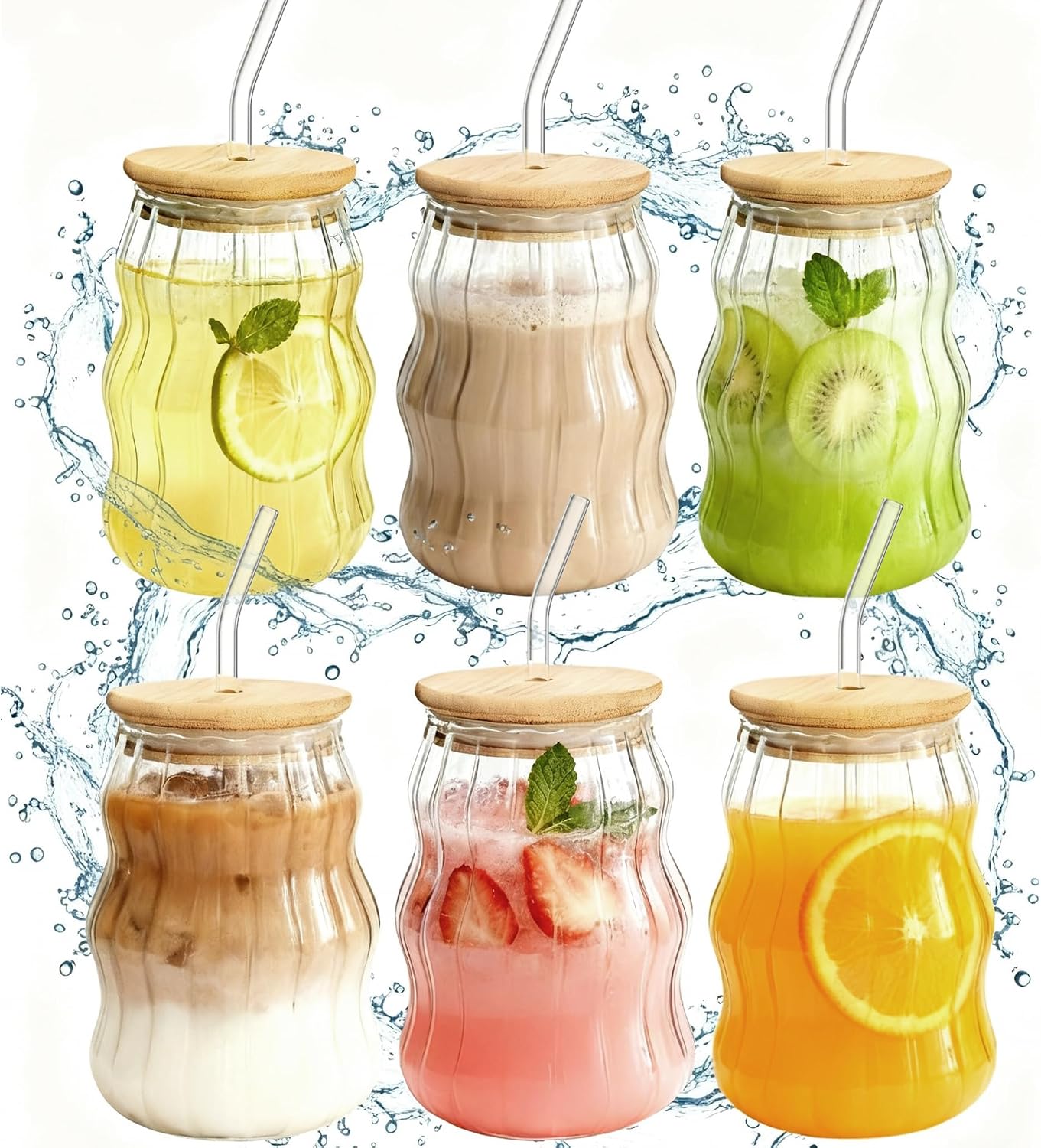 4 Packs Cute Glass Tumbler with Lid and Straw 16 oz Vintage Ice Coffee Cup Set Bulk Simple Modern for Smoothie Juice Matcha Tea Water Slushie Clear Hot Drink Glasses Travel Mug Kitchen Glassware