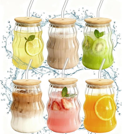 4 Packs Cute Glass Tumbler with Lid and Straw 16 oz Vintage Ice Coffee Cup Set Bulk Simple Modern for Smoothie Juice Matcha Tea Water Slushie Clear Hot Drink Glasses Travel Mug Kitchen Glassware