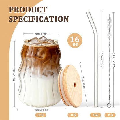 4 Packs Cute Glass Tumbler with Lid and Straw 16 oz Vintage Ice Coffee Cup Set Bulk Simple Modern for Smoothie Juice Matcha Tea Water Slushie Clear Hot Drink Glasses Travel Mug Kitchen Glassware
