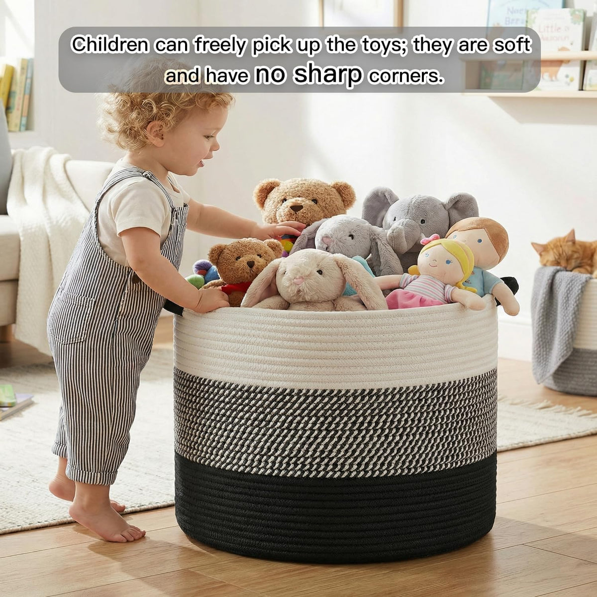 70L Large Cotton Rope Basket, Decorative Woven Blanket Storage for Living Room, Boho Toy Storage & Toy Box for Kids, Versatile Laundry Basket & Nursery Hamper for Blankets(Black)
