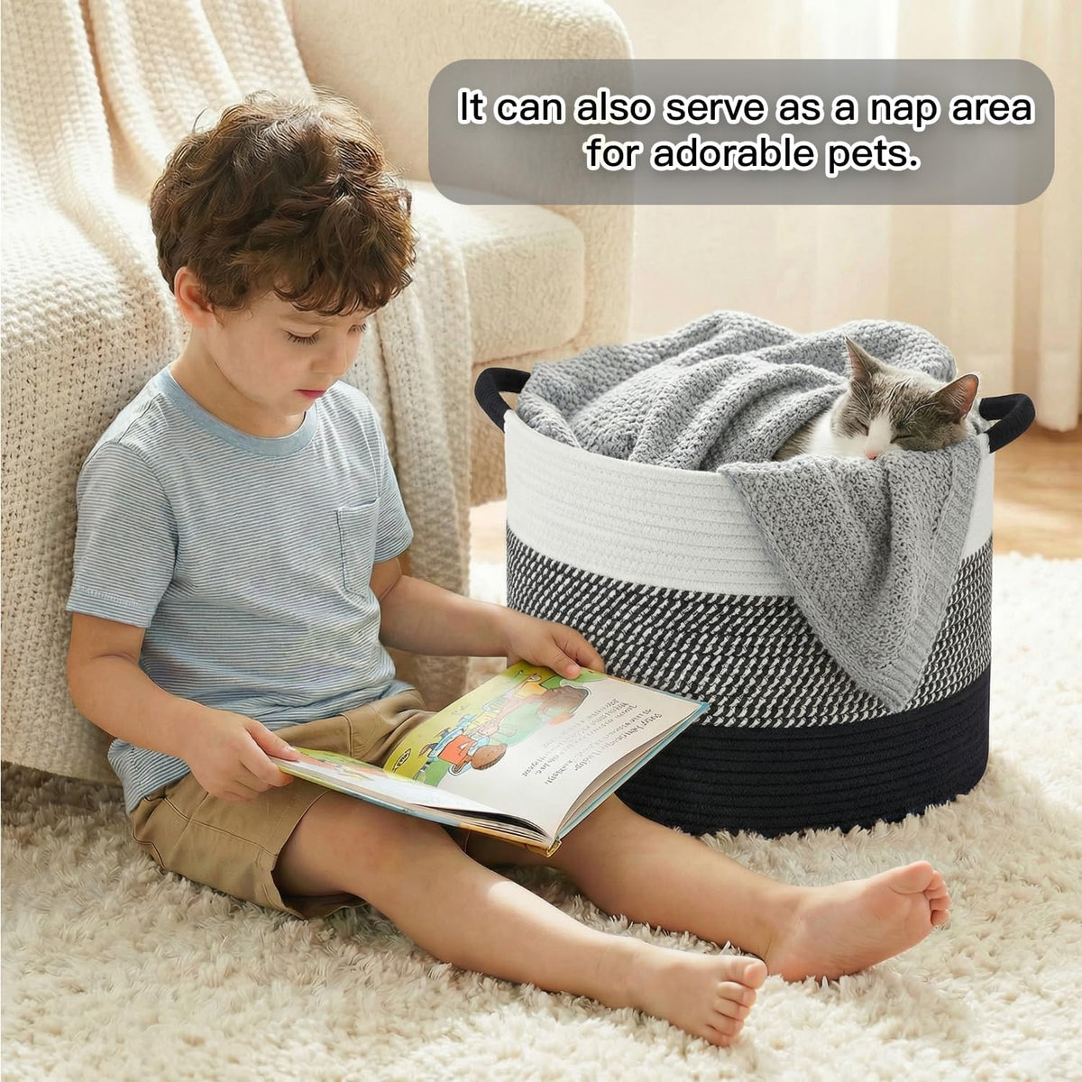 70L Large Cotton Rope Basket, Decorative Woven Blanket Storage for Living Room, Boho Toy Storage & Toy Box for Kids, Versatile Laundry Basket & Nursery Hamper for Blankets(Black)