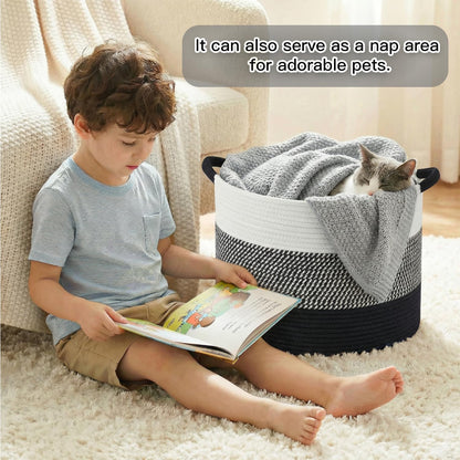 70L Large Cotton Rope Basket, Decorative Woven Blanket Storage for Living Room, Boho Toy Storage & Toy Box for Kids, Versatile Laundry Basket & Nursery Hamper for Blankets(Black)