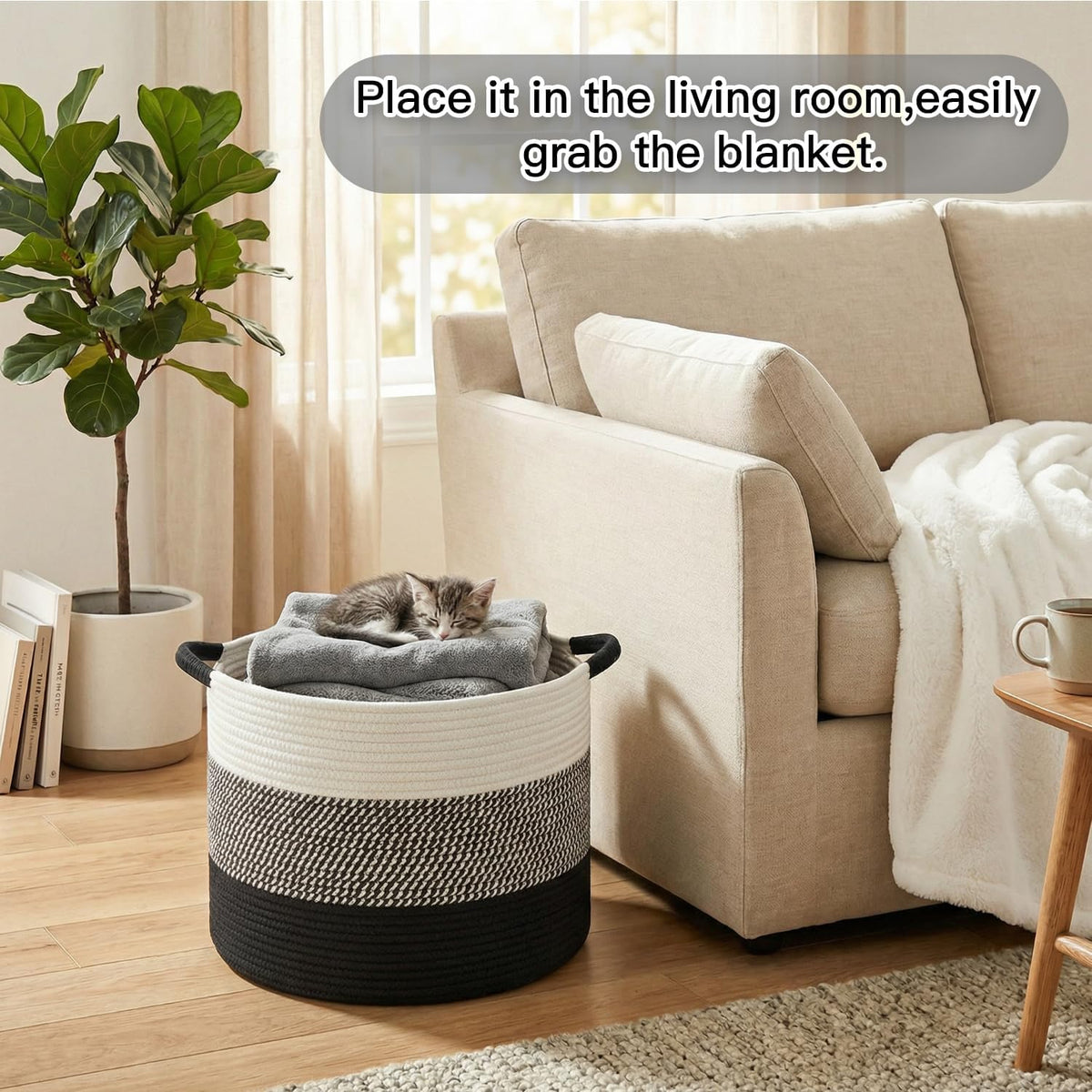 70L Large Cotton Rope Basket, Decorative Woven Blanket Storage for Living Room, Boho Toy Storage & Toy Box for Kids, Versatile Laundry Basket & Nursery Hamper for Blankets(Black)