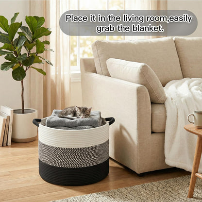 70L Large Cotton Rope Basket, Decorative Woven Blanket Storage for Living Room, Boho Toy Storage & Toy Box for Kids, Versatile Laundry Basket & Nursery Hamper for Blankets(Black)
