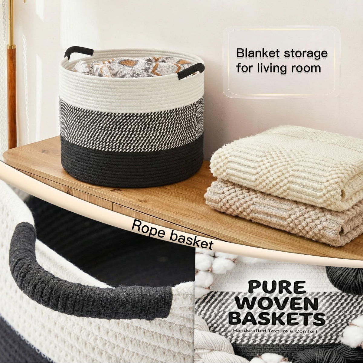 70L Large Cotton Rope Basket, Decorative Woven Blanket Storage for Living Room, Boho Toy Storage & Toy Box for Kids, Versatile Laundry Basket & Nursery Hamper for Blankets(Black)