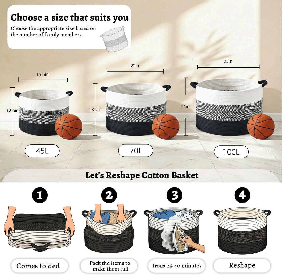 70L Large Cotton Rope Basket, Decorative Woven Blanket Storage for Living Room, Boho Toy Storage & Toy Box for Kids, Versatile Laundry Basket & Nursery Hamper for Blankets(Black)