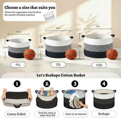 70L Large Cotton Rope Basket, Decorative Woven Blanket Storage for Living Room, Boho Toy Storage & Toy Box for Kids, Versatile Laundry Basket & Nursery Hamper for Blankets(Black)
