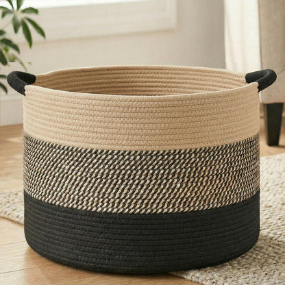 70L Large Cotton Rope Basket, Decorative Woven Blanket Storage for Living Room, Boho Toy Storage & Toy Box for Kids, Versatile Laundry Basket & Nursery Hamper for Blankets(Black)