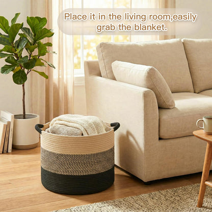 70L Large Cotton Rope Basket, Decorative Woven Blanket Storage for Living Room, Boho Toy Storage & Toy Box for Kids, Versatile Laundry Basket & Nursery Hamper for Blankets(Black)