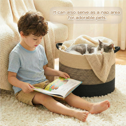 70L Large Cotton Rope Basket, Decorative Woven Blanket Storage for Living Room, Boho Toy Storage & Toy Box for Kids, Versatile Laundry Basket & Nursery Hamper for Blankets(Black)