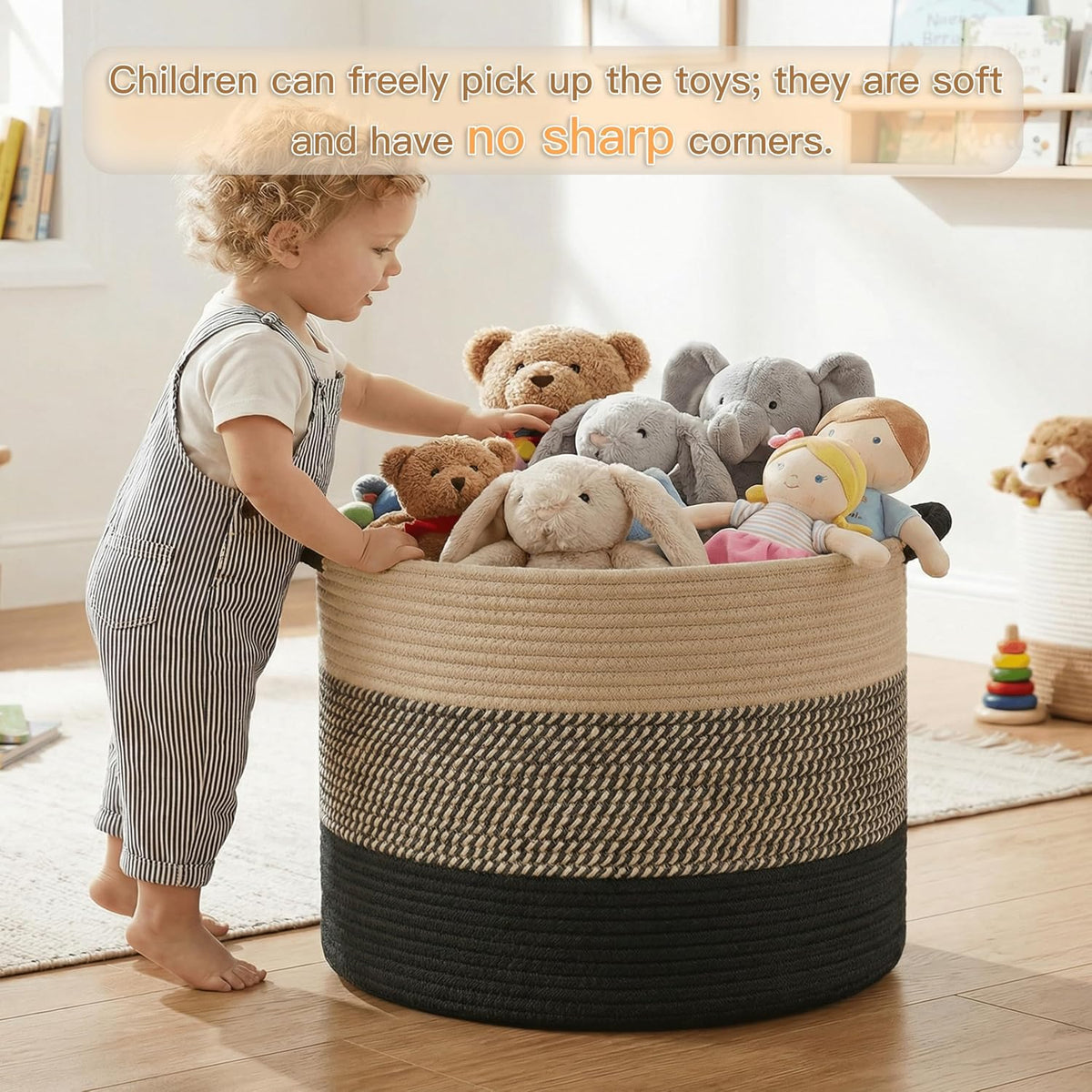 70L Large Cotton Rope Basket, Decorative Woven Blanket Storage for Living Room, Boho Toy Storage & Toy Box for Kids, Versatile Laundry Basket & Nursery Hamper for Blankets(Black)