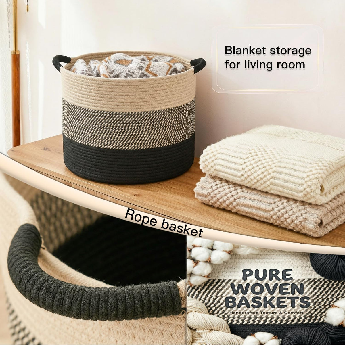 70L Large Cotton Rope Basket, Decorative Woven Blanket Storage for Living Room, Boho Toy Storage & Toy Box for Kids, Versatile Laundry Basket & Nursery Hamper for Blankets(Black)