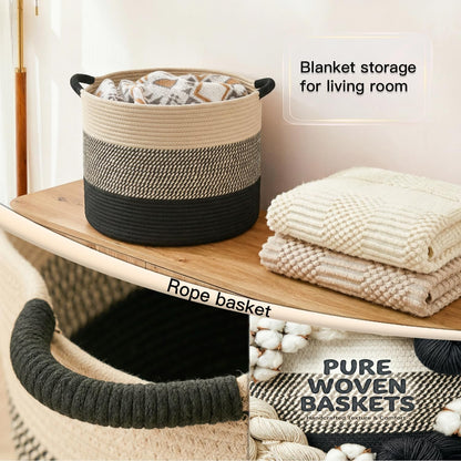70L Large Cotton Rope Basket, Decorative Woven Blanket Storage for Living Room, Boho Toy Storage & Toy Box for Kids, Versatile Laundry Basket & Nursery Hamper for Blankets(Black)