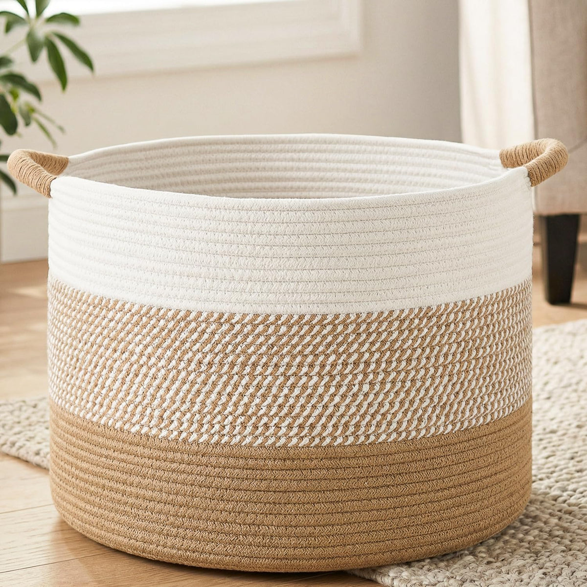 70L Large Cotton Rope Basket, Decorative Woven Blanket Storage for Living Room, Boho Toy Storage & Toy Box for Kids, Versatile Laundry Basket & Nursery Hamper for Blankets(Black)
