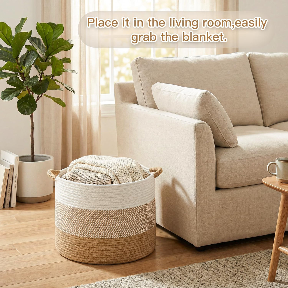 70L Large Cotton Rope Basket, Decorative Woven Blanket Storage for Living Room, Boho Toy Storage & Toy Box for Kids, Versatile Laundry Basket & Nursery Hamper for Blankets(Black)