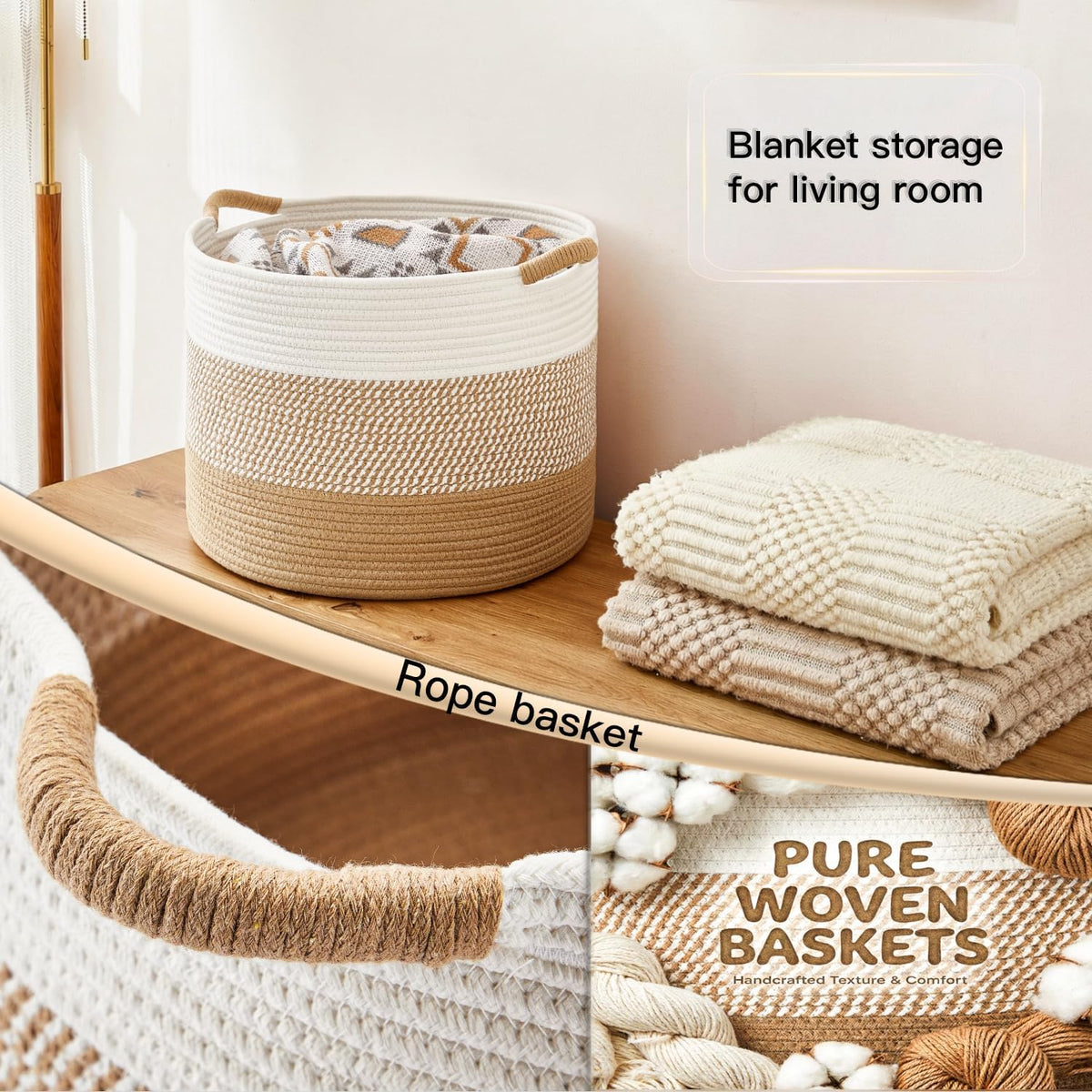 70L Large Cotton Rope Basket, Decorative Woven Blanket Storage for Living Room, Boho Toy Storage & Toy Box for Kids, Versatile Laundry Basket & Nursery Hamper for Blankets(Black)