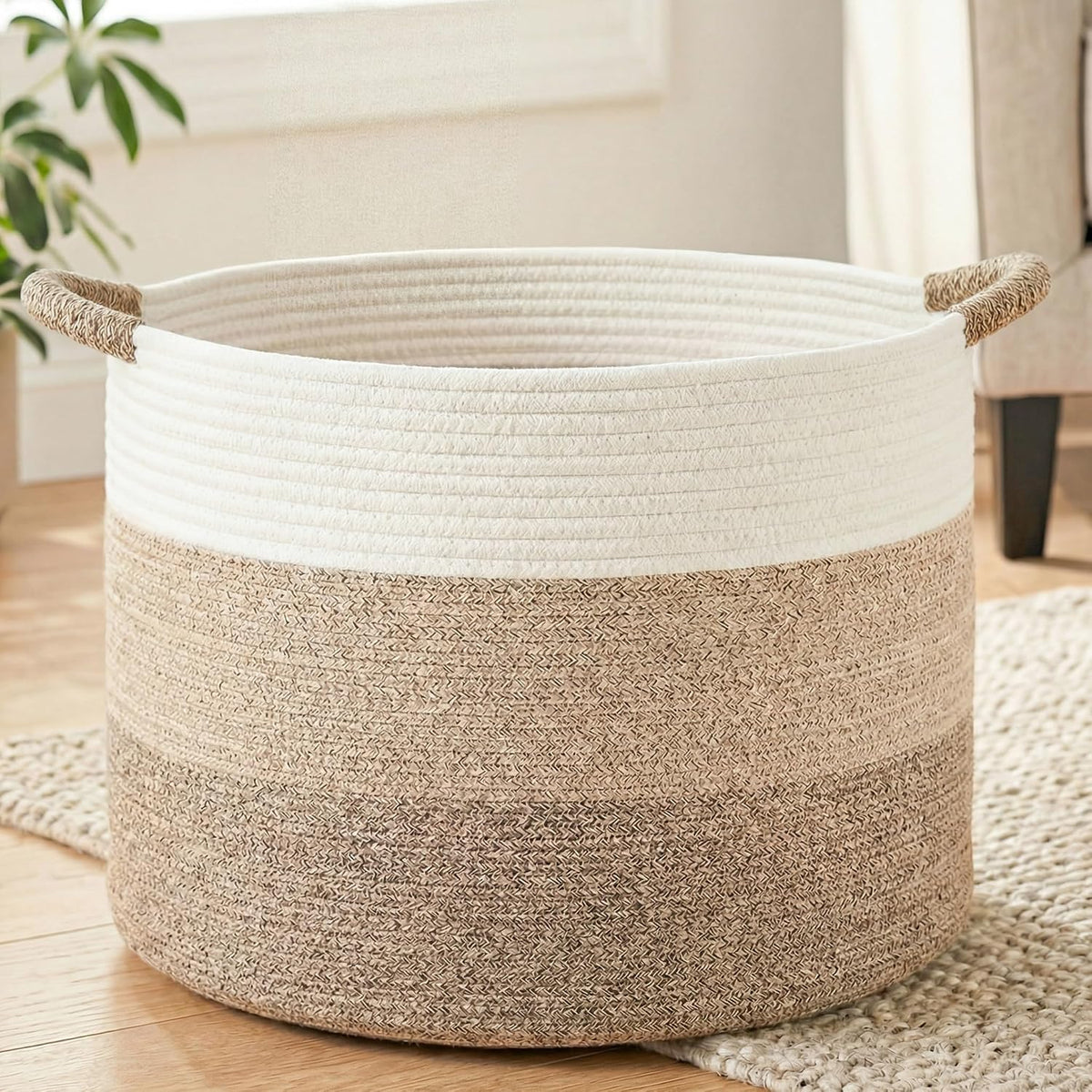 70L Large Cotton Rope Basket, Decorative Woven Blanket Storage for Living Room, Boho Toy Storage & Toy Box for Kids, Versatile Laundry Basket & Nursery Hamper for Blankets(Black)