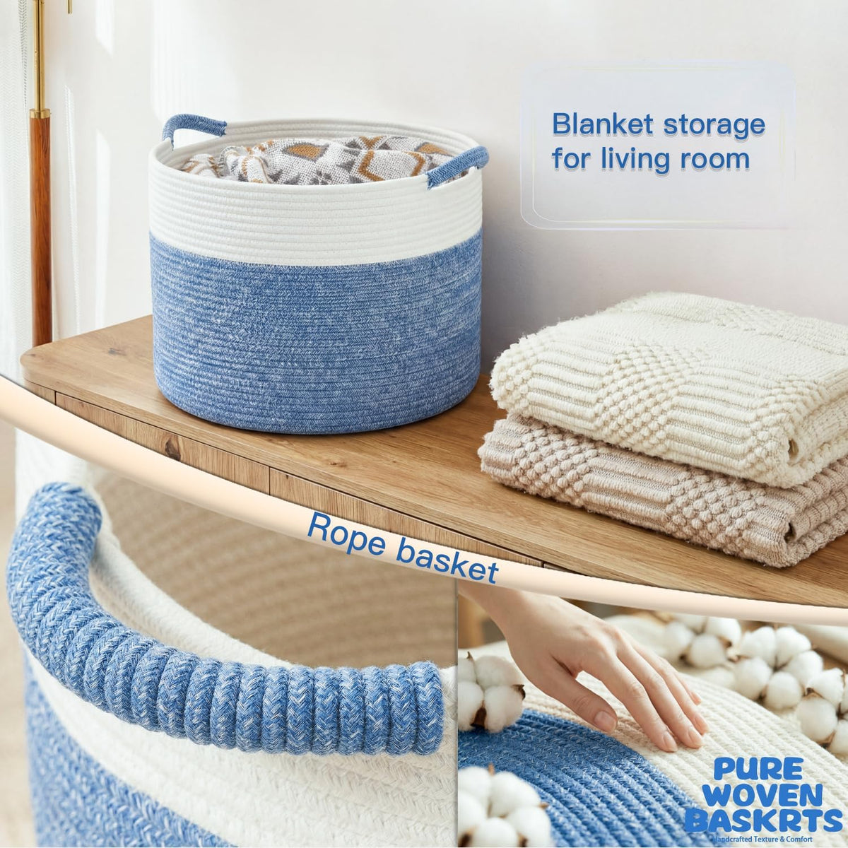 70L Large Cotton Rope Basket, Decorative Woven Blanket Storage for Living Room, Boho Toy Storage & Toy Box for Kids, Versatile Laundry Basket & Nursery Hamper for Blankets(Black)