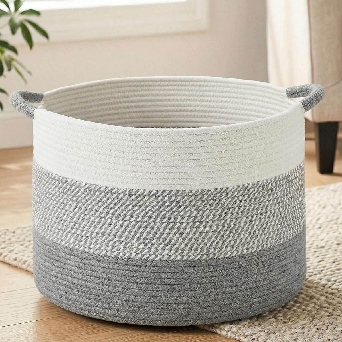 70L Large Cotton Rope Basket, Decorative Woven Blanket Storage for Living Room, Boho Toy Storage & Toy Box for Kids, Versatile Laundry Basket & Nursery Hamper for Blankets(Black)