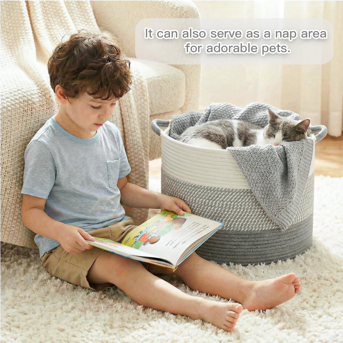 70L Large Cotton Rope Basket, Decorative Woven Blanket Storage for Living Room, Boho Toy Storage & Toy Box for Kids, Versatile Laundry Basket & Nursery Hamper for Blankets(Black)
