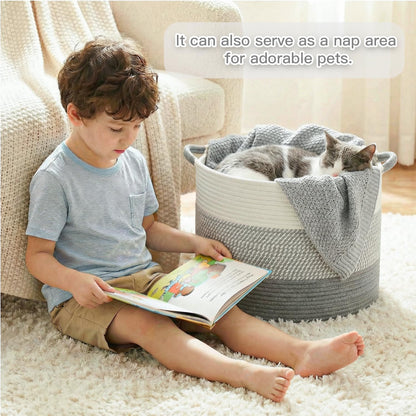 70L Large Cotton Rope Basket, Decorative Woven Blanket Storage for Living Room, Boho Toy Storage & Toy Box for Kids, Versatile Laundry Basket & Nursery Hamper for Blankets(Black)
