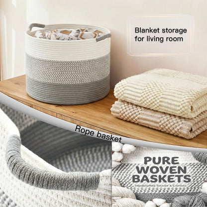 70L Large Cotton Rope Basket, Decorative Woven Blanket Storage for Living Room, Boho Toy Storage & Toy Box for Kids, Versatile Laundry Basket & Nursery Hamper for Blankets(Black)