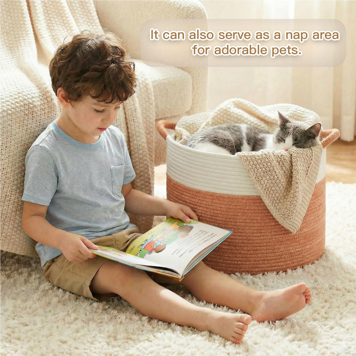 70L Large Cotton Rope Basket, Decorative Woven Blanket Storage for Living Room, Boho Toy Storage & Toy Box for Kids, Versatile Laundry Basket & Nursery Hamper for Blankets(Black)