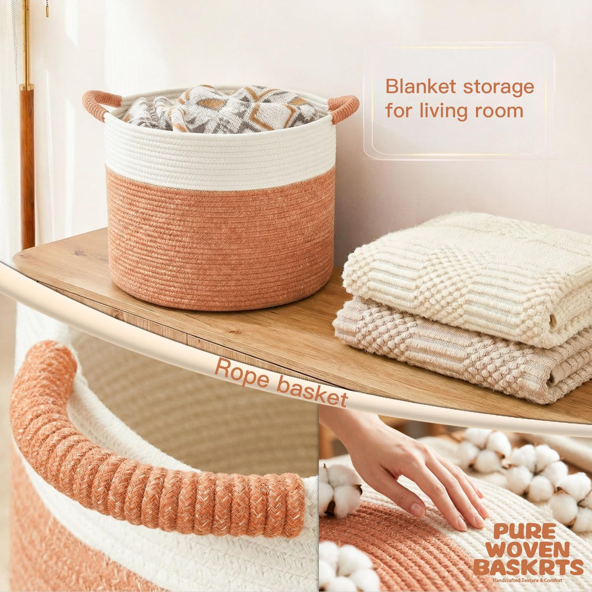 70L Large Cotton Rope Basket, Decorative Woven Blanket Storage for Living Room, Boho Toy Storage & Toy Box for Kids, Versatile Laundry Basket & Nursery Hamper for Blankets(Black)