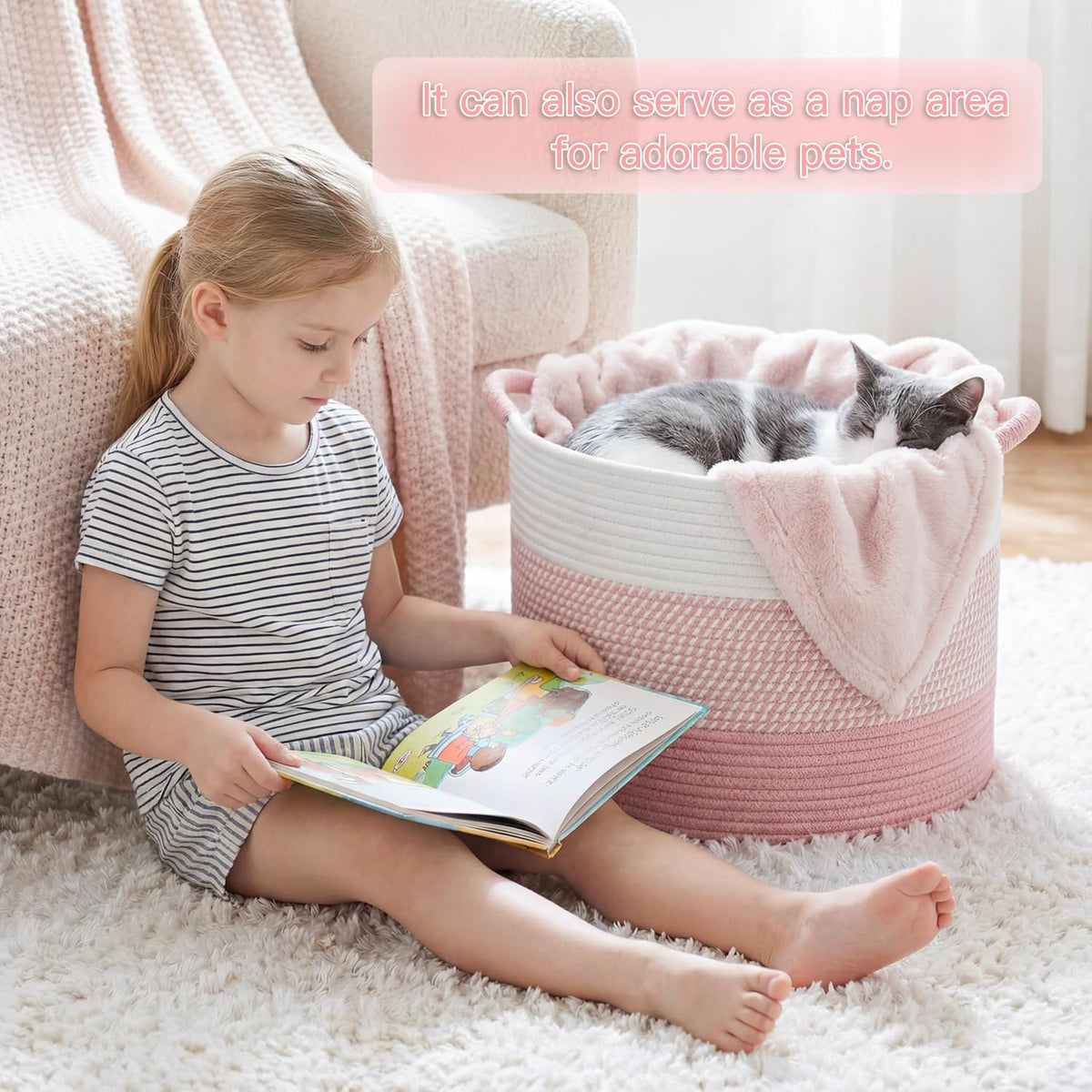 70L Large Cotton Rope Basket, Decorative Woven Blanket Storage for Living Room, Boho Toy Storage & Toy Box for Kids, Versatile Laundry Basket & Nursery Hamper for Blankets(Black)
