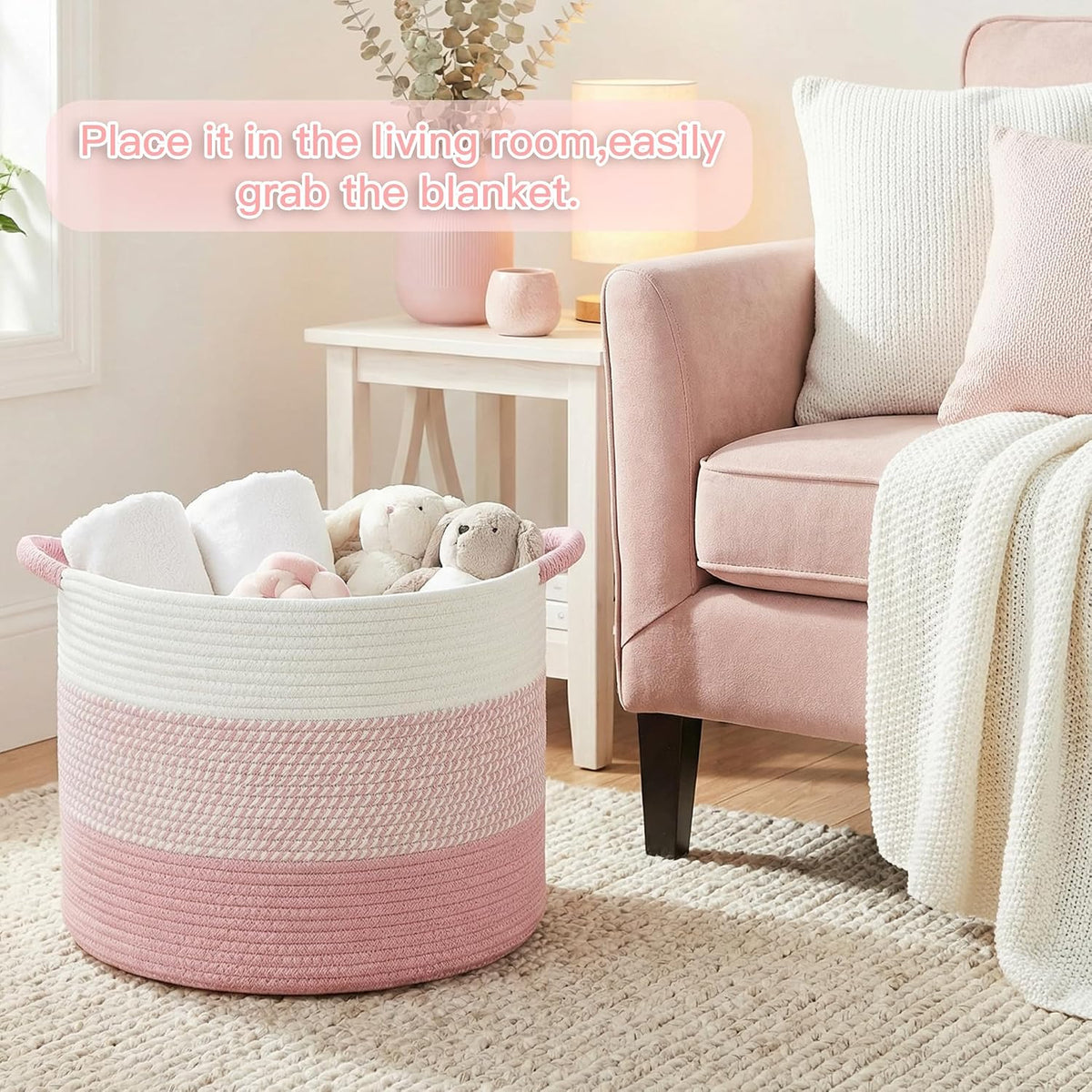 70L Large Cotton Rope Basket, Decorative Woven Blanket Storage for Living Room, Boho Toy Storage & Toy Box for Kids, Versatile Laundry Basket & Nursery Hamper for Blankets(Black)