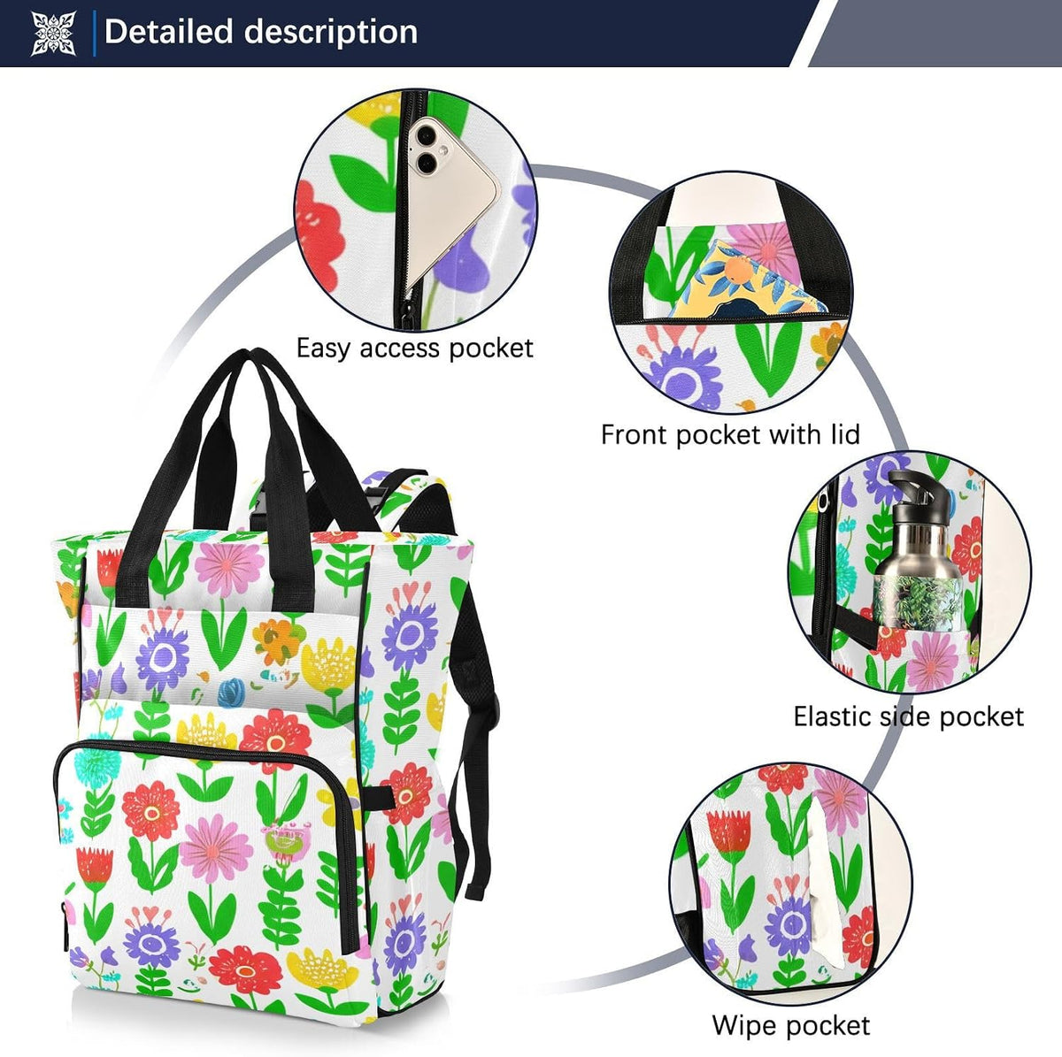Diaper Bag Backpack, Multifunction Travel Bag for Moms Dads, Baby Changing Bag with Insulted Pockets, Stroller Straps and Side Bottle Pockets Spring Floral Pattern